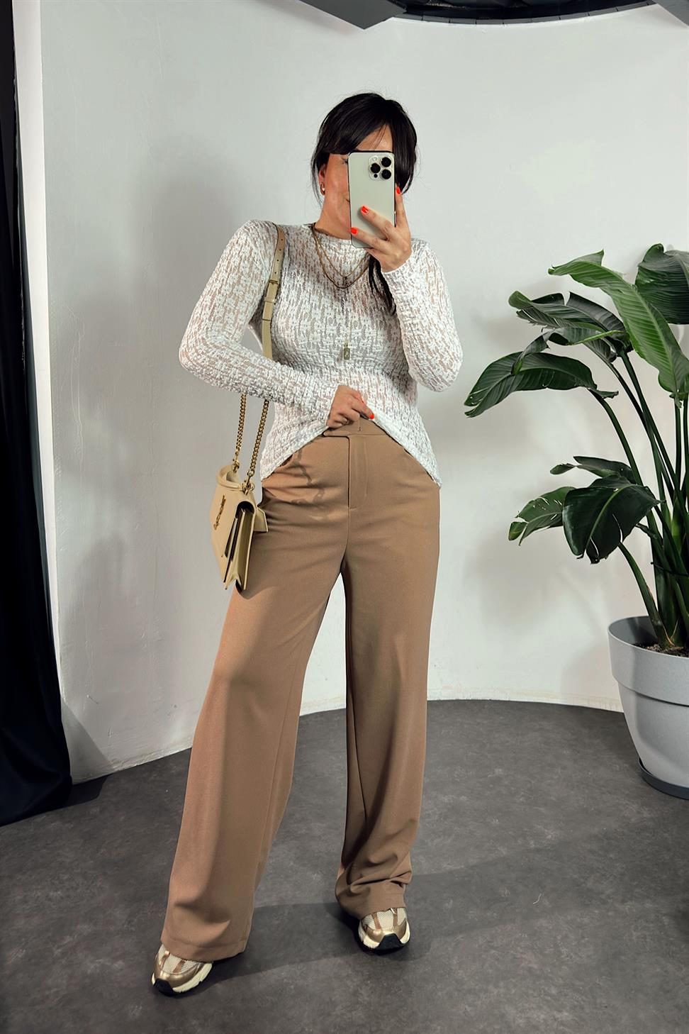 Likralı Cırt Kapamalı Palazzo Pantolon Camel