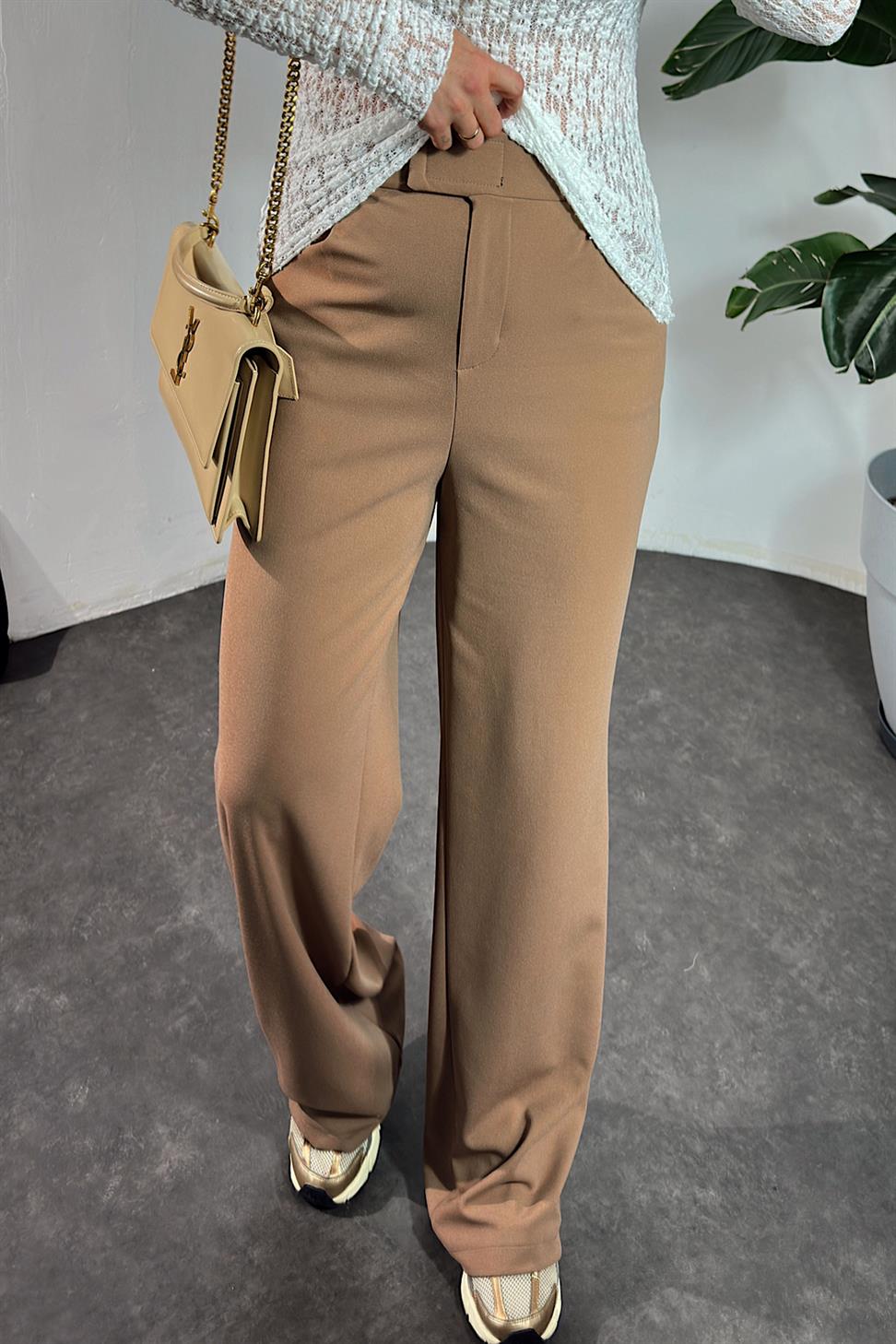 Likralı Cırt Kapamalı Palazzo Pantolon Camel