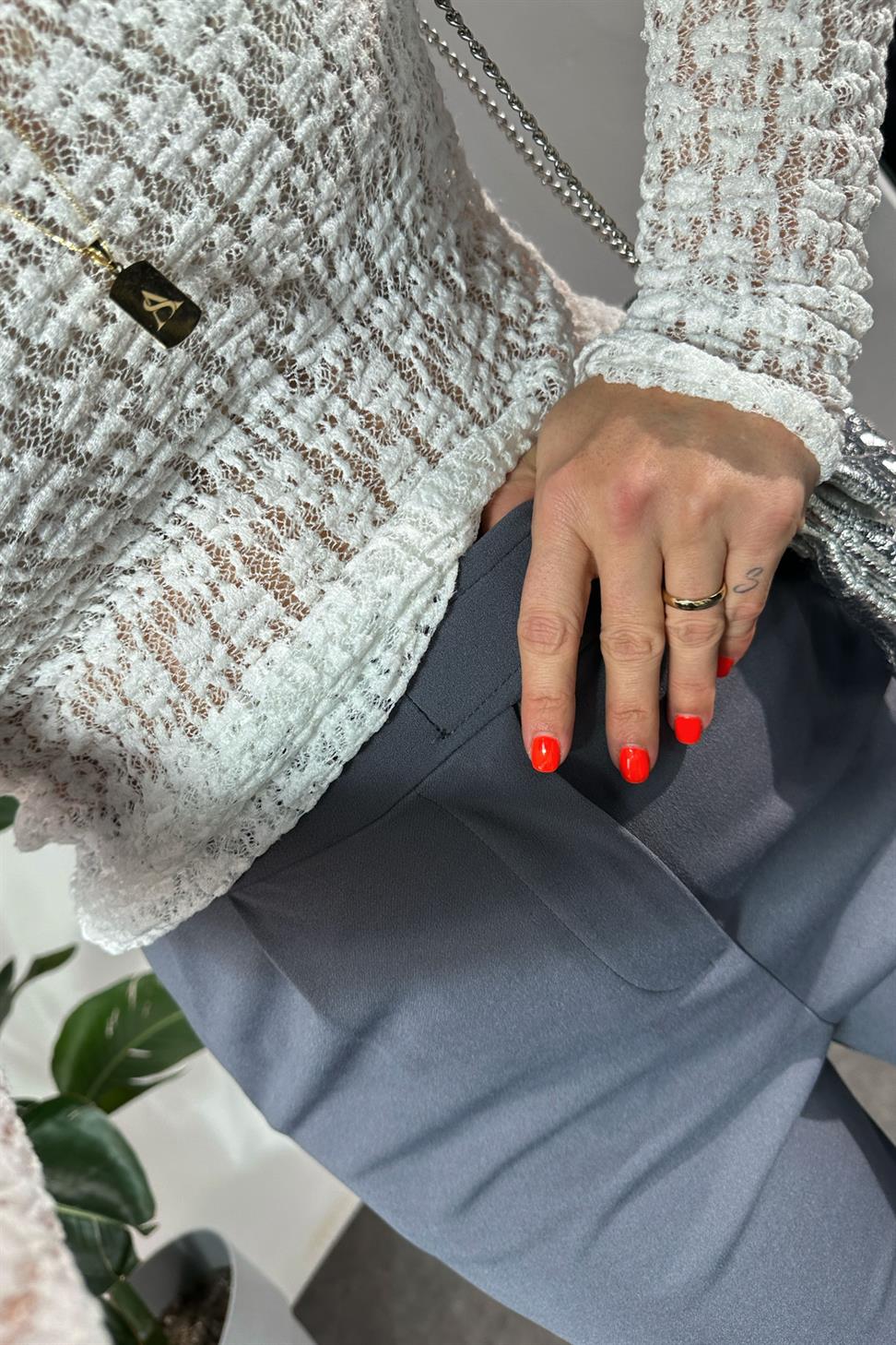 Likralı Cırt Kapamalı Palazzo Pantolon Füme