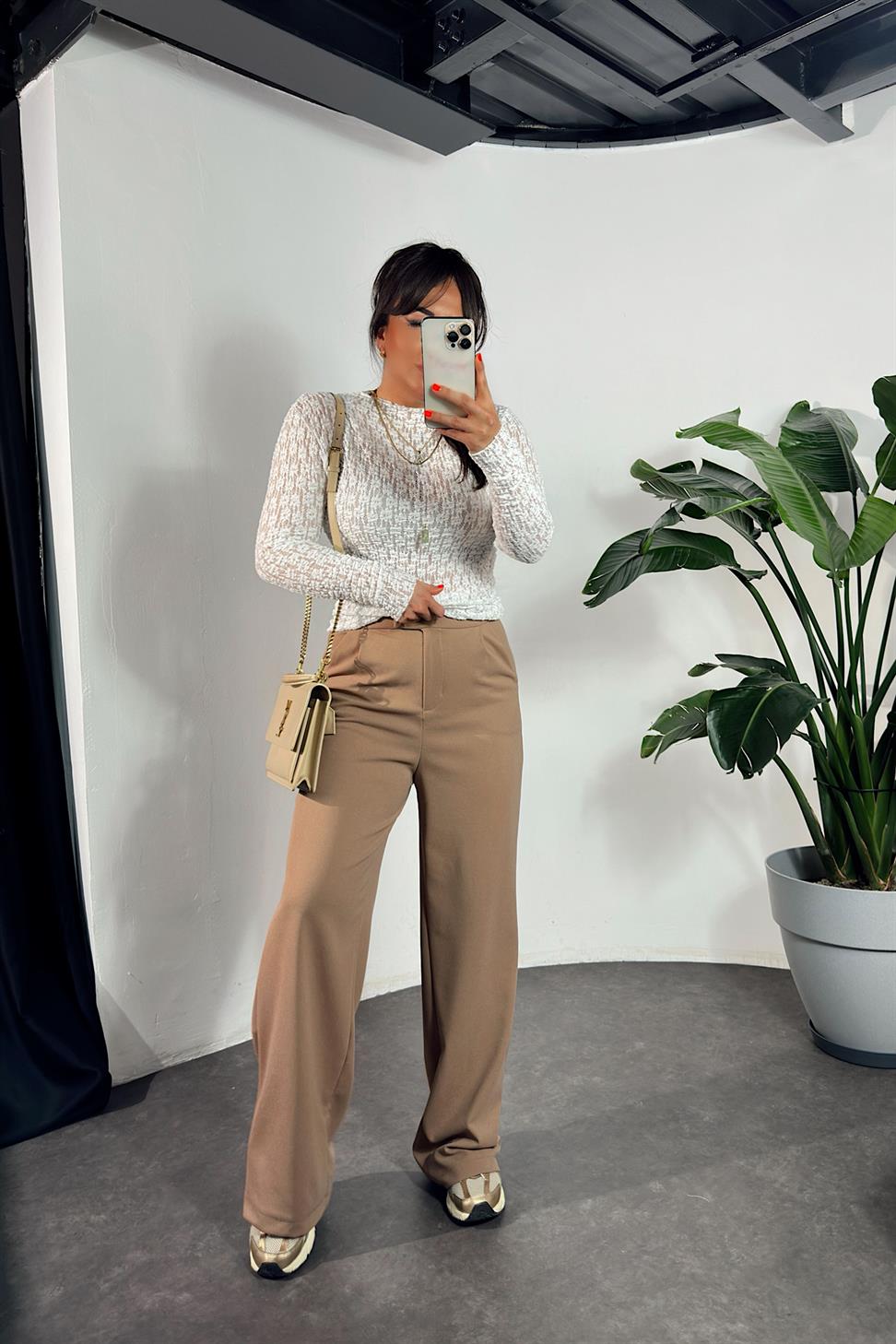 Likralı Cırt Kapamalı Palazzo Pantolon Camel