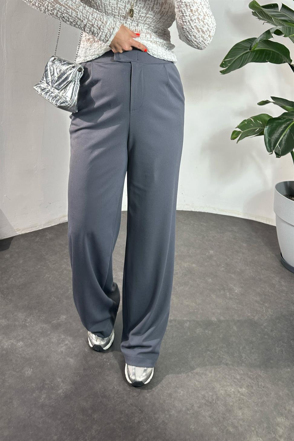 Likralı Cırt Kapamalı Palazzo Pantolon Füme