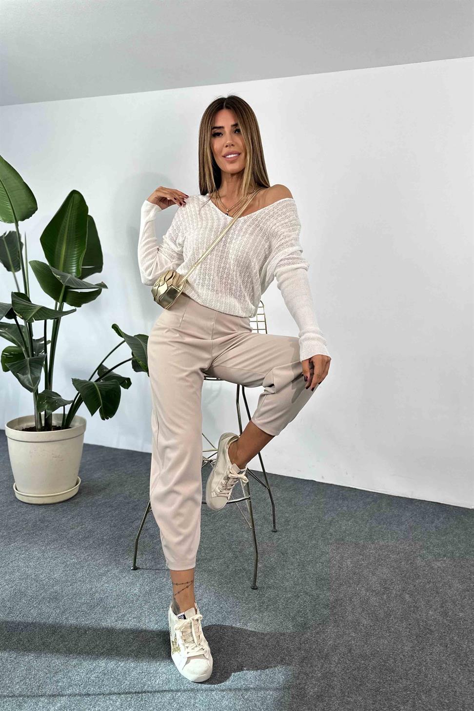 Likralı Krep Kumaş Beli Lastikli Pens Detay Şalvar Pantolon Taş