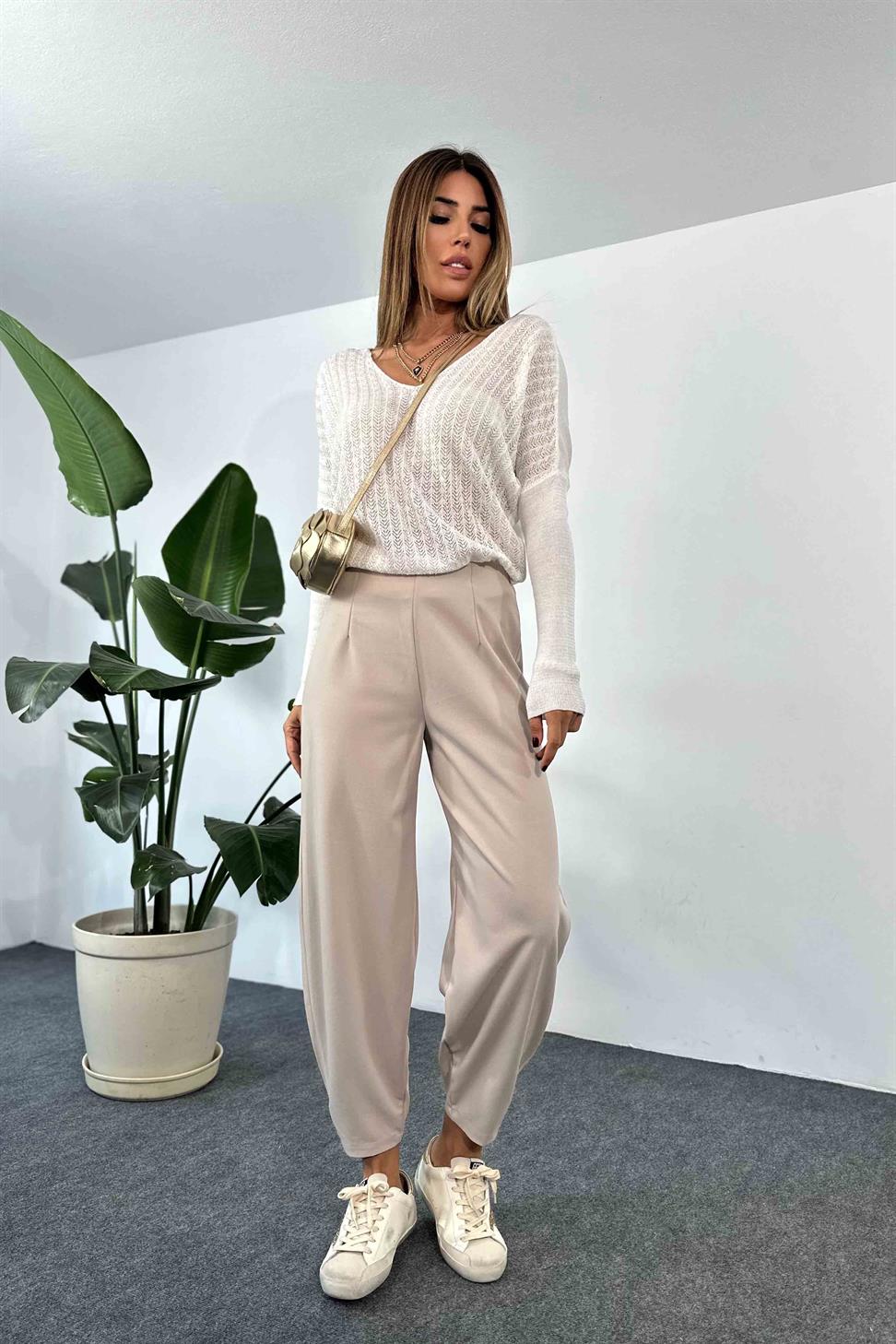 Likralı Krep Kumaş Beli Lastikli Pens Detay Şalvar Pantolon Taş