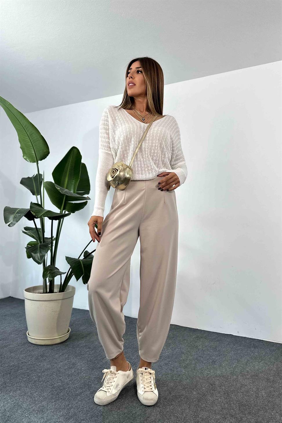 Likralı Krep Kumaş Beli Lastikli Pens Detay Şalvar Pantolon Taş