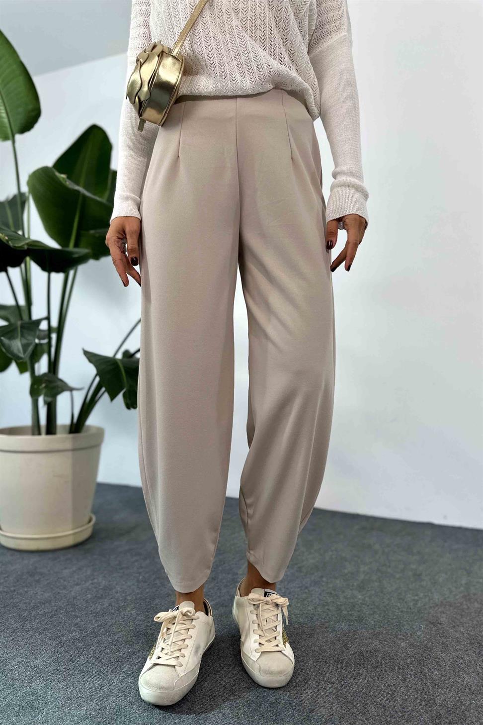 Likralı Krep Kumaş Beli Lastikli Pens Detay Şalvar Pantolon Taş