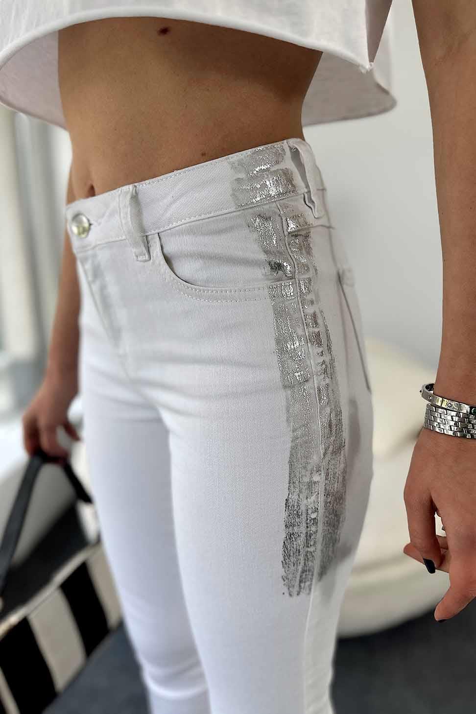 Likralı Skinny Jean Beyaz Yaldızlı