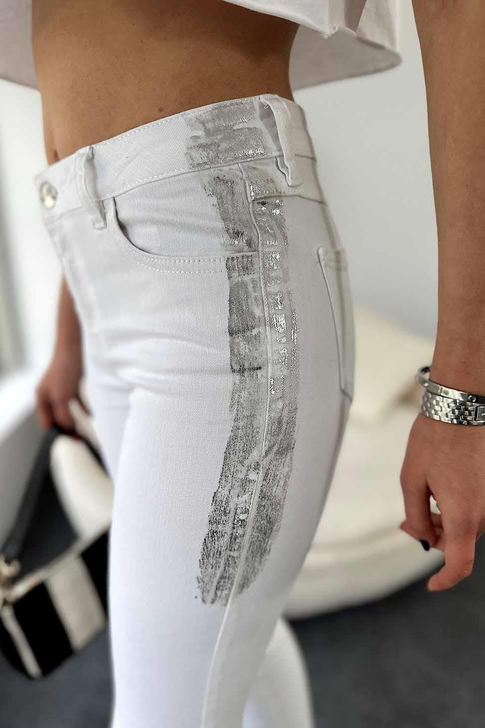 Likralı Skinny Jean Beyaz Yaldızlı