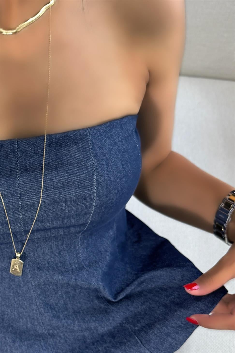 Likralı Volan Detaylı Straplez Bluz Mavi