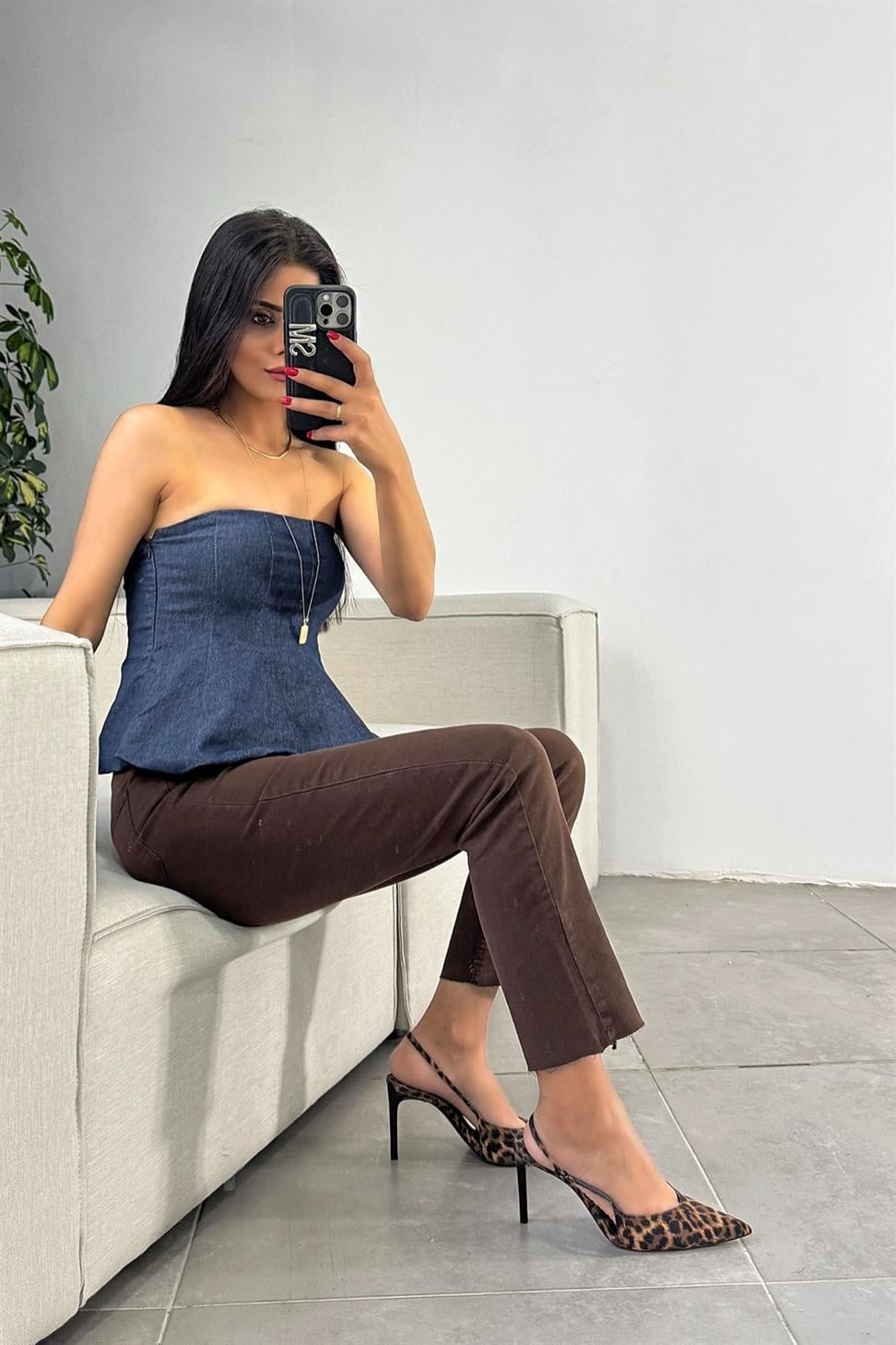 Likralı Volan Detaylı Straplez Bluz Mavi
