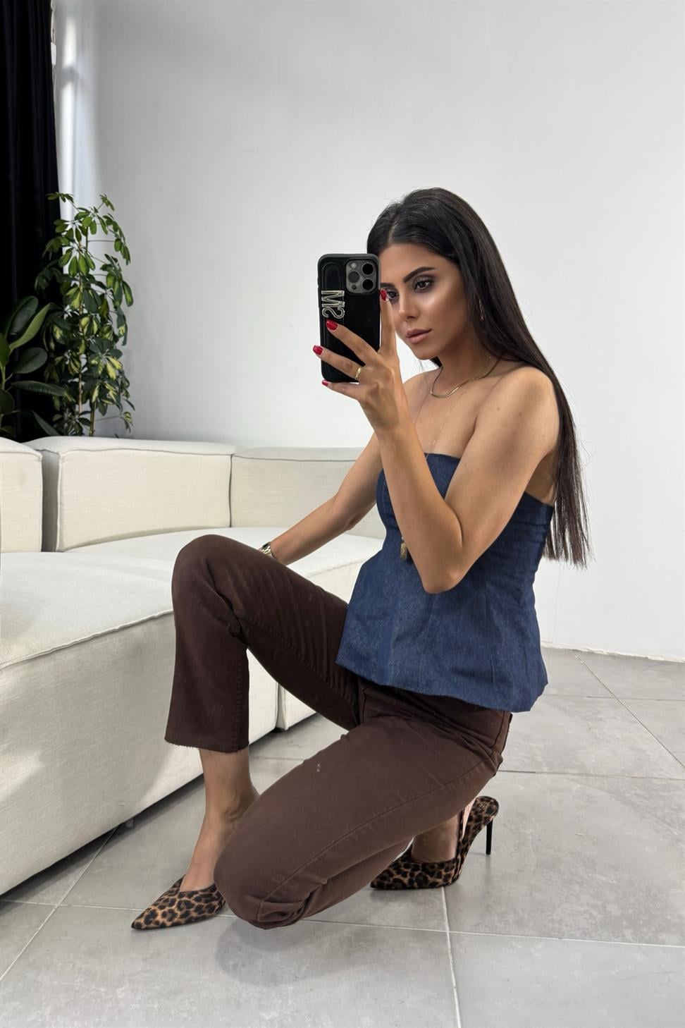 Likralı Volan Detaylı Straplez Bluz Mavi