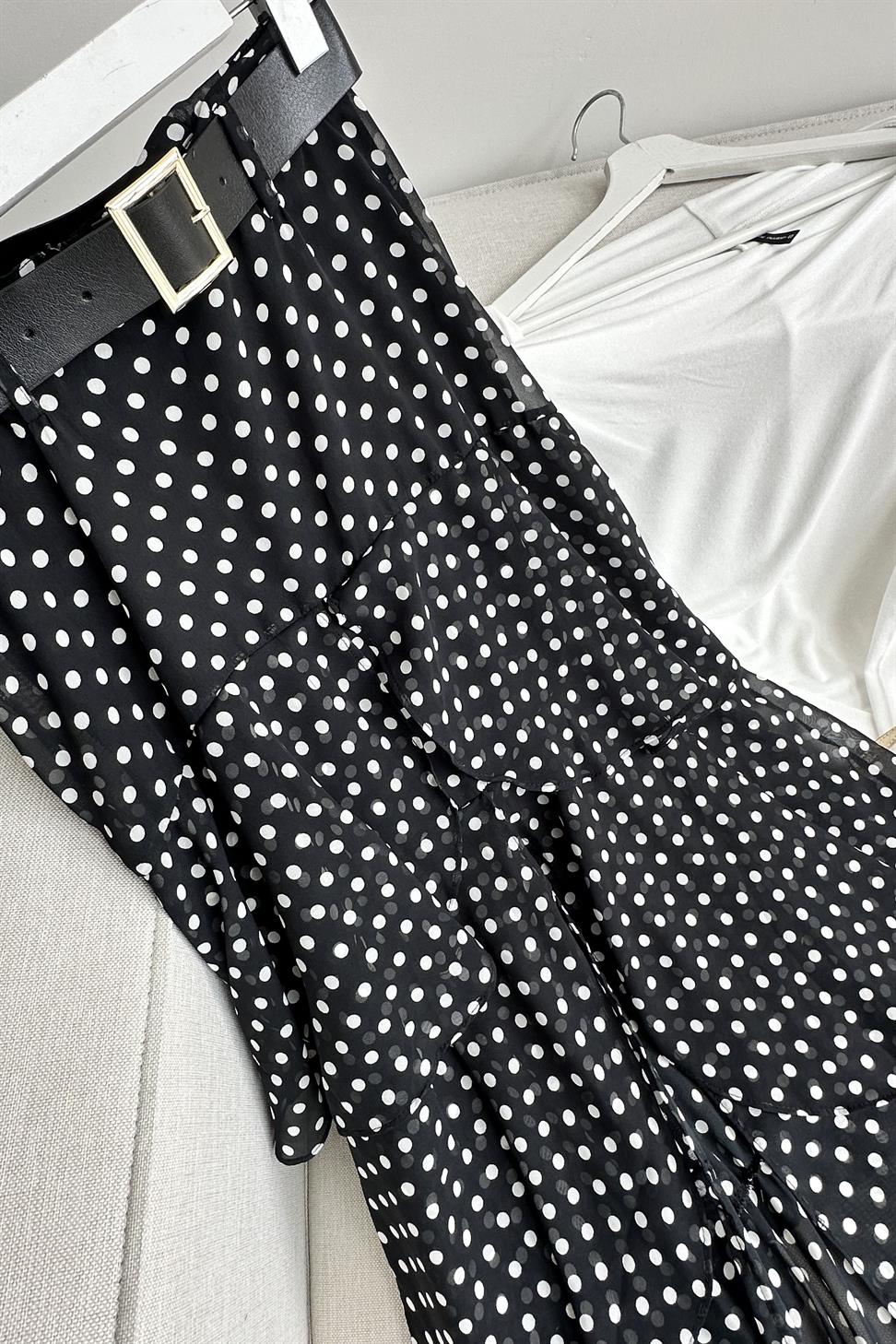 Lina Polka Dot Katlı Şifon Etek Siyah