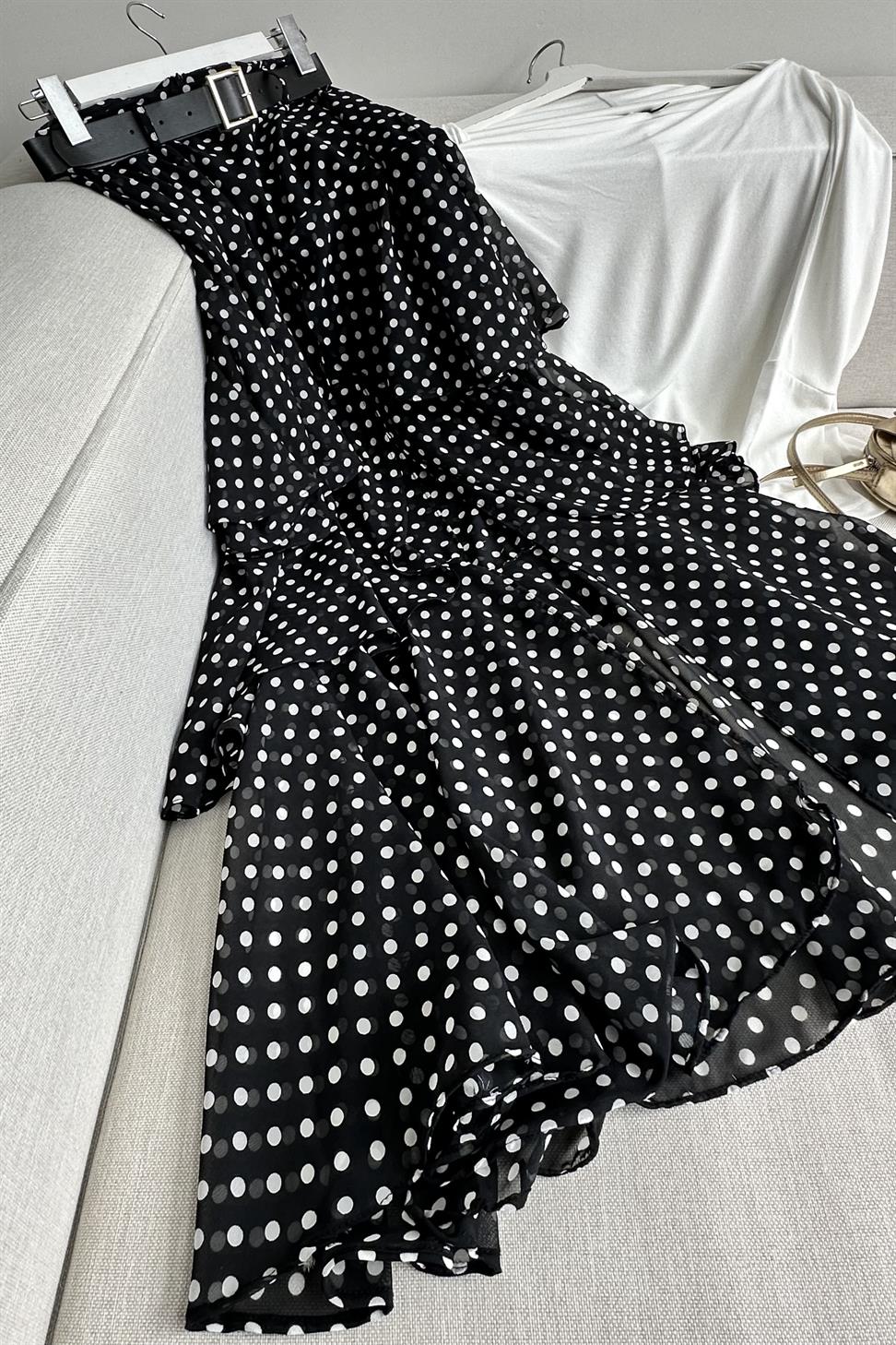 Lina Polka Dot Katlı Şifon Etek Siyah
