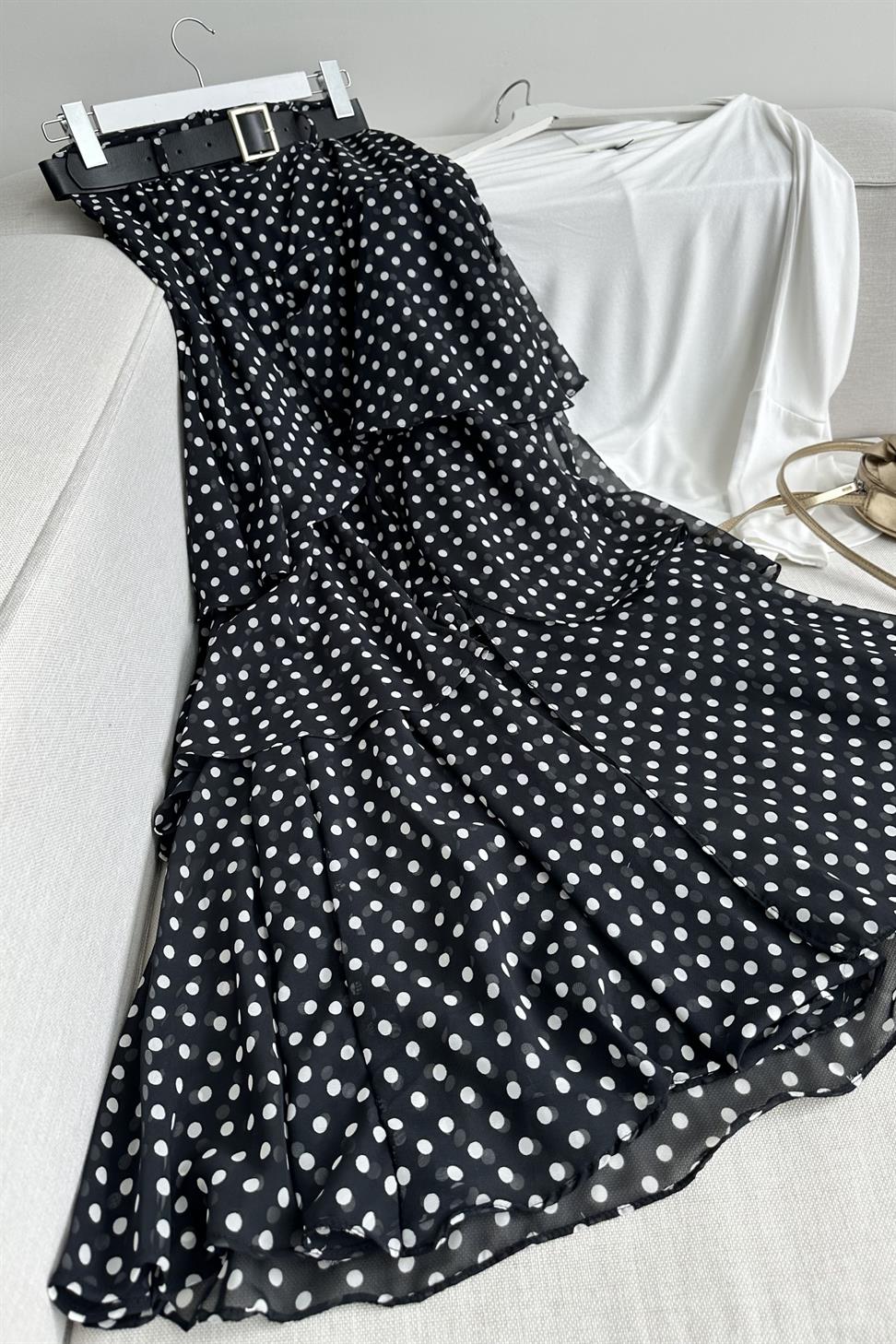 Lina Polka Dot Katlı Şifon Etek Siyah