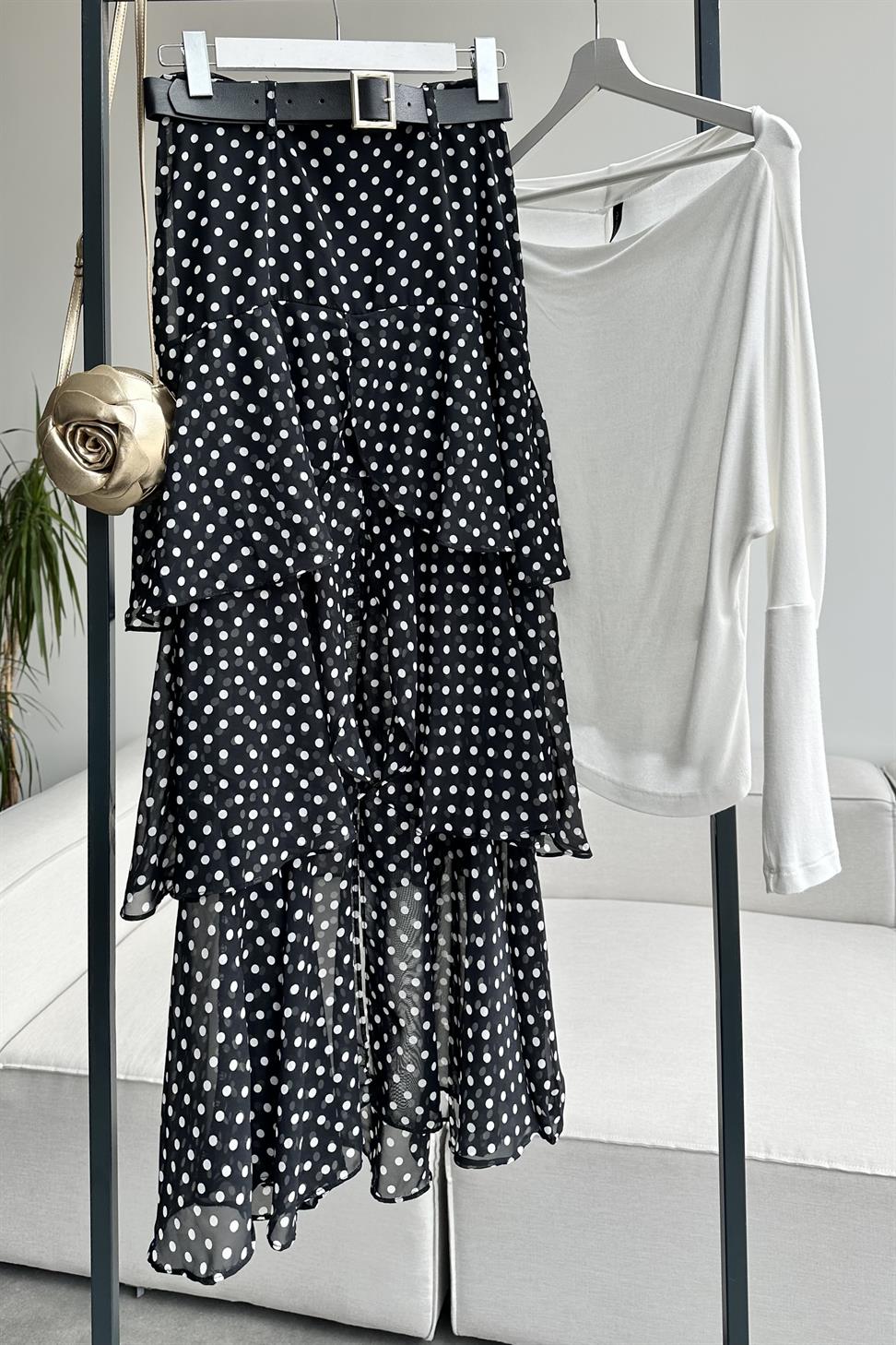 Lina Polka Dot Katlı Şifon Etek Siyah