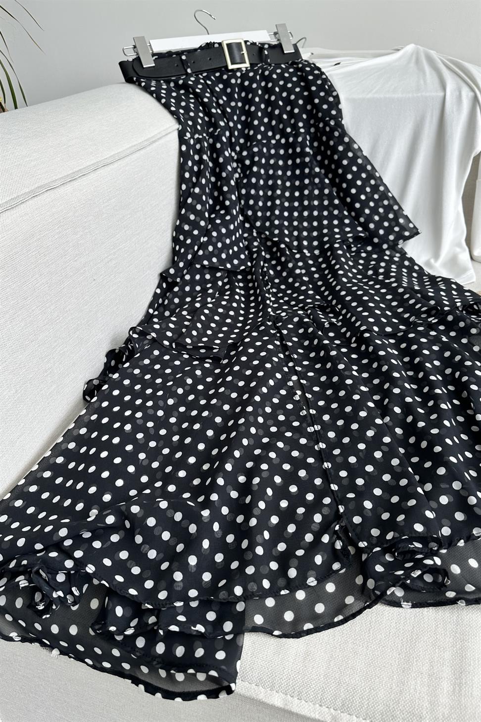 Lina Polka Dot Katlı Şifon Etek Siyah