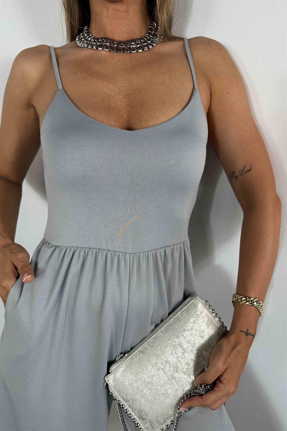 Liraklı Kumaş Askılı Kadın Tulum Gri