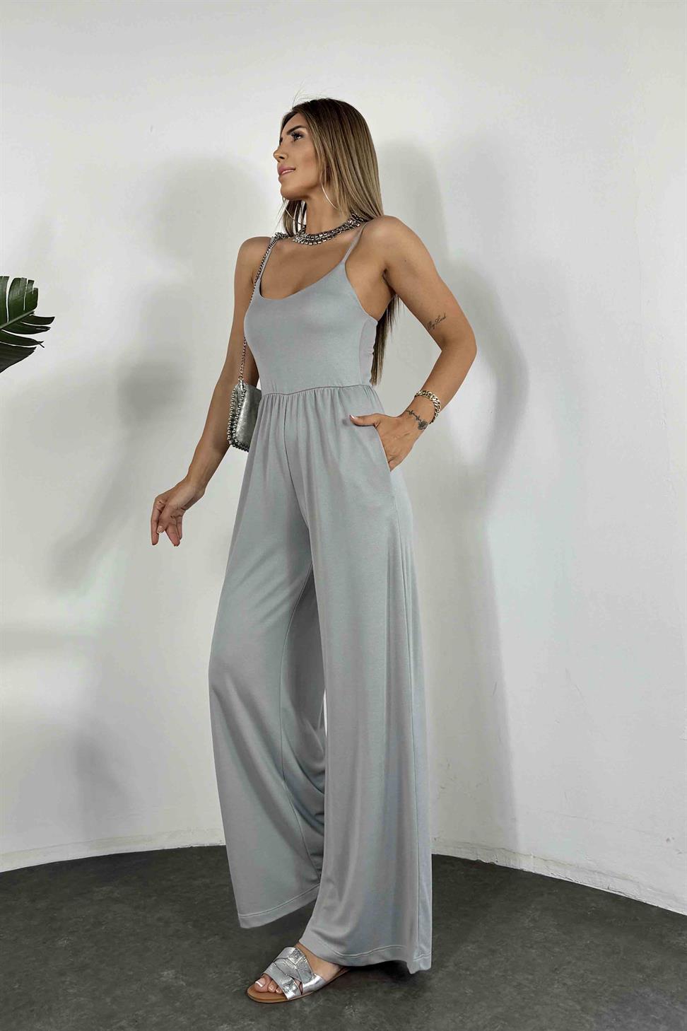 Liraklı Kumaş Askılı Kadın Tulum Gri