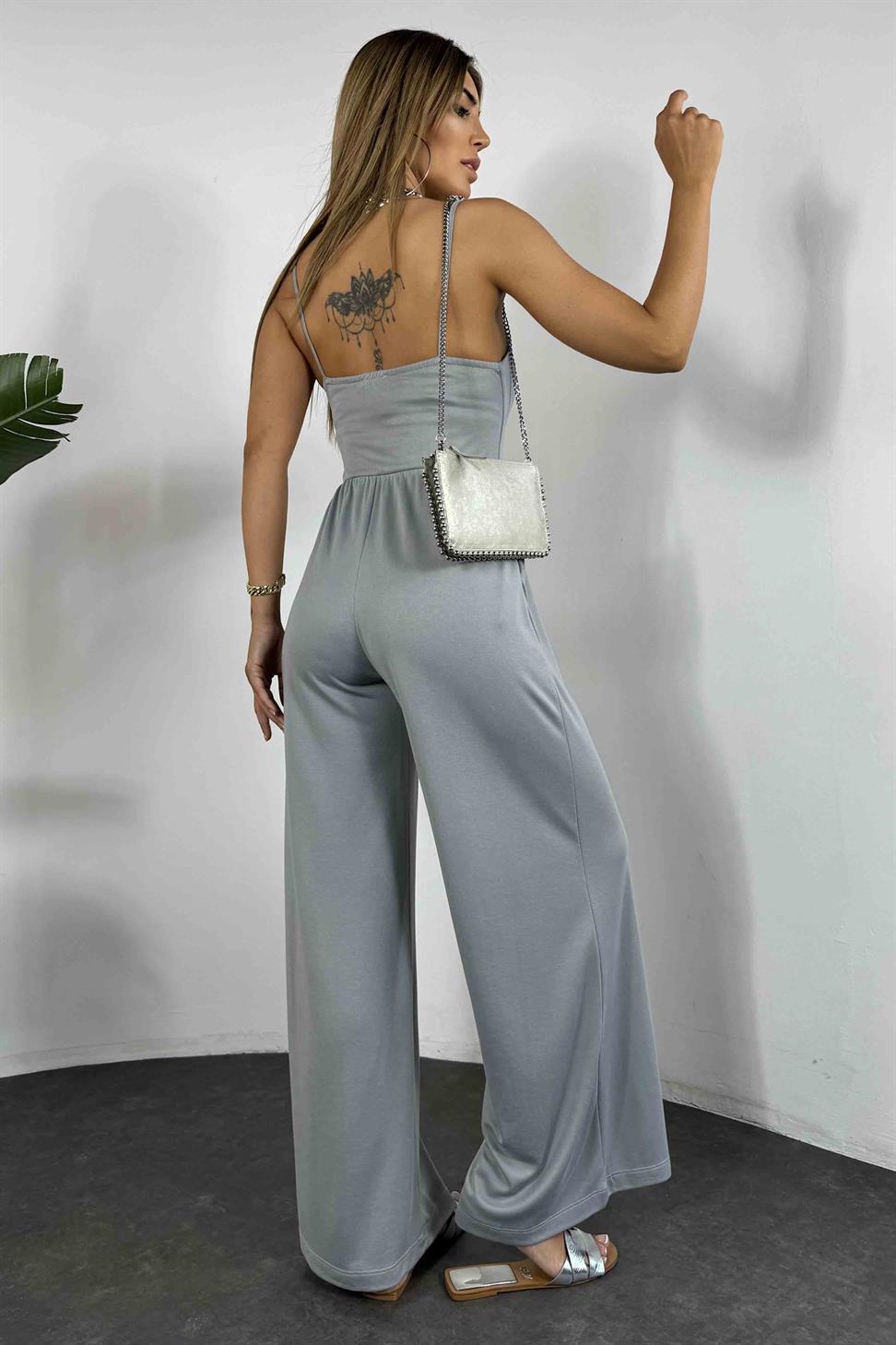 Liraklı Kumaş Askılı Kadın Tulum Gri