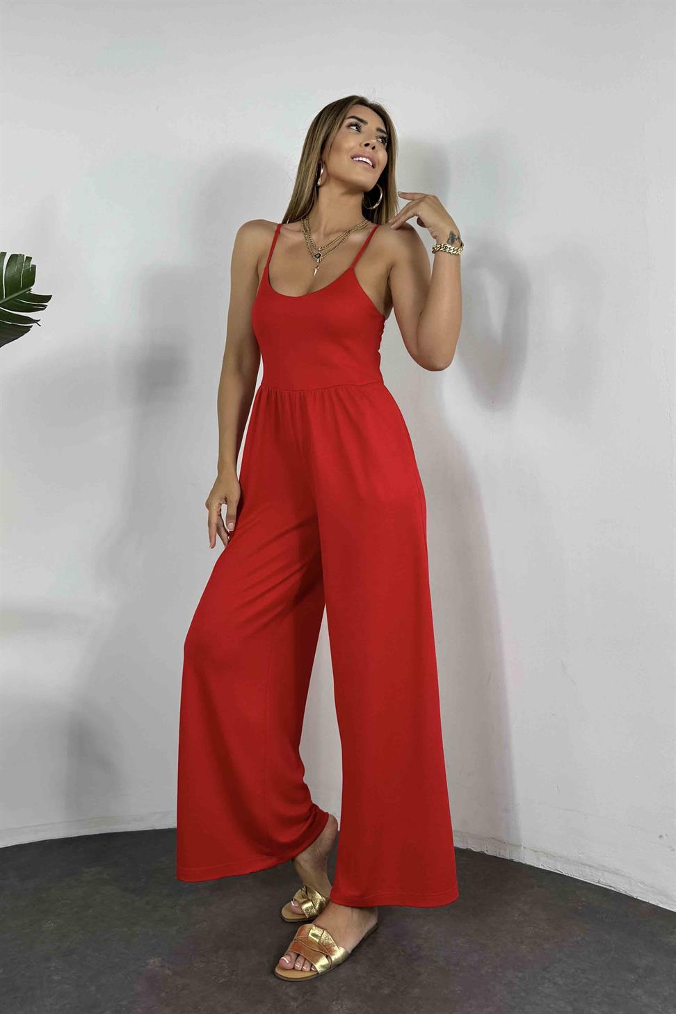 Liraklı Kumaş Askılı Kadın Tulum Kırmızı