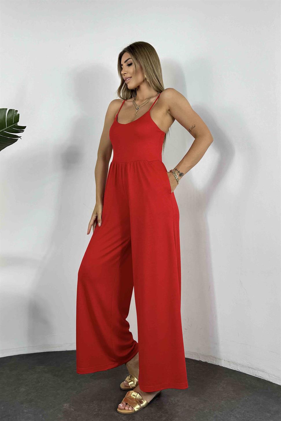 Liraklı Kumaş Askılı Kadın Tulum Kırmızı