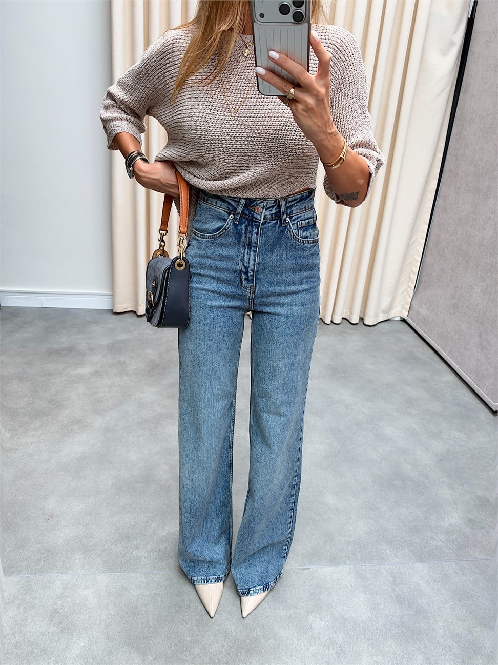 Lossi Bol Kesim Orta Mavi Wide Leg Jean