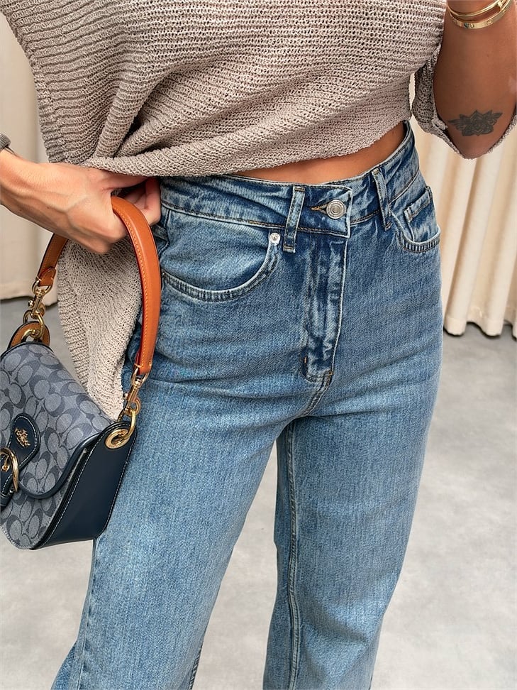 Lossi Bol Kesim Orta Mavi Wide Leg Jean