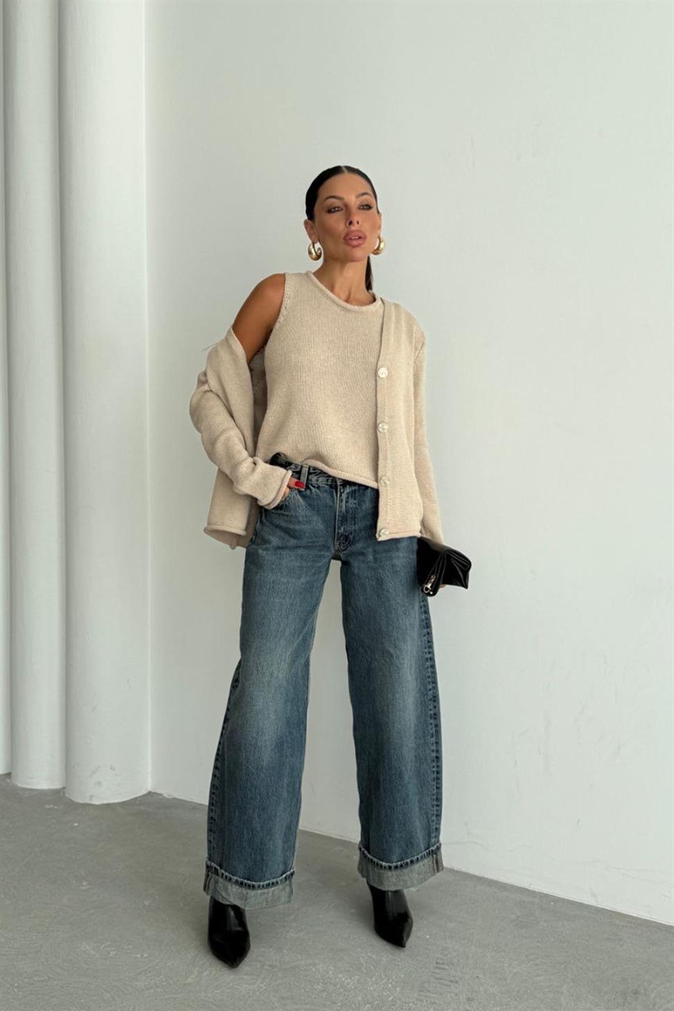 Lüks Kalite Basic Triko İkili Hırka Takım Bej