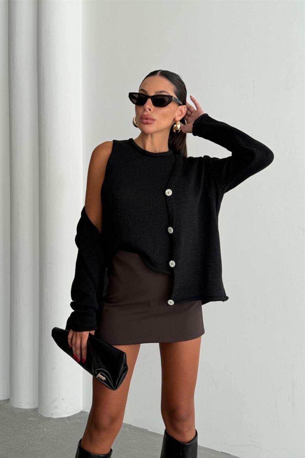 Lüks Kalite Basic Triko İkili Hırka Takım Siyah