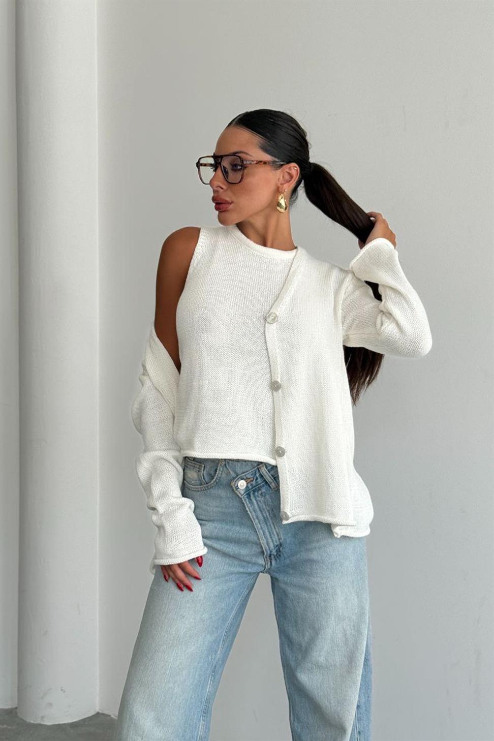 Lüks Kalite Basic Triko İkili Hırka Takım Beyaz