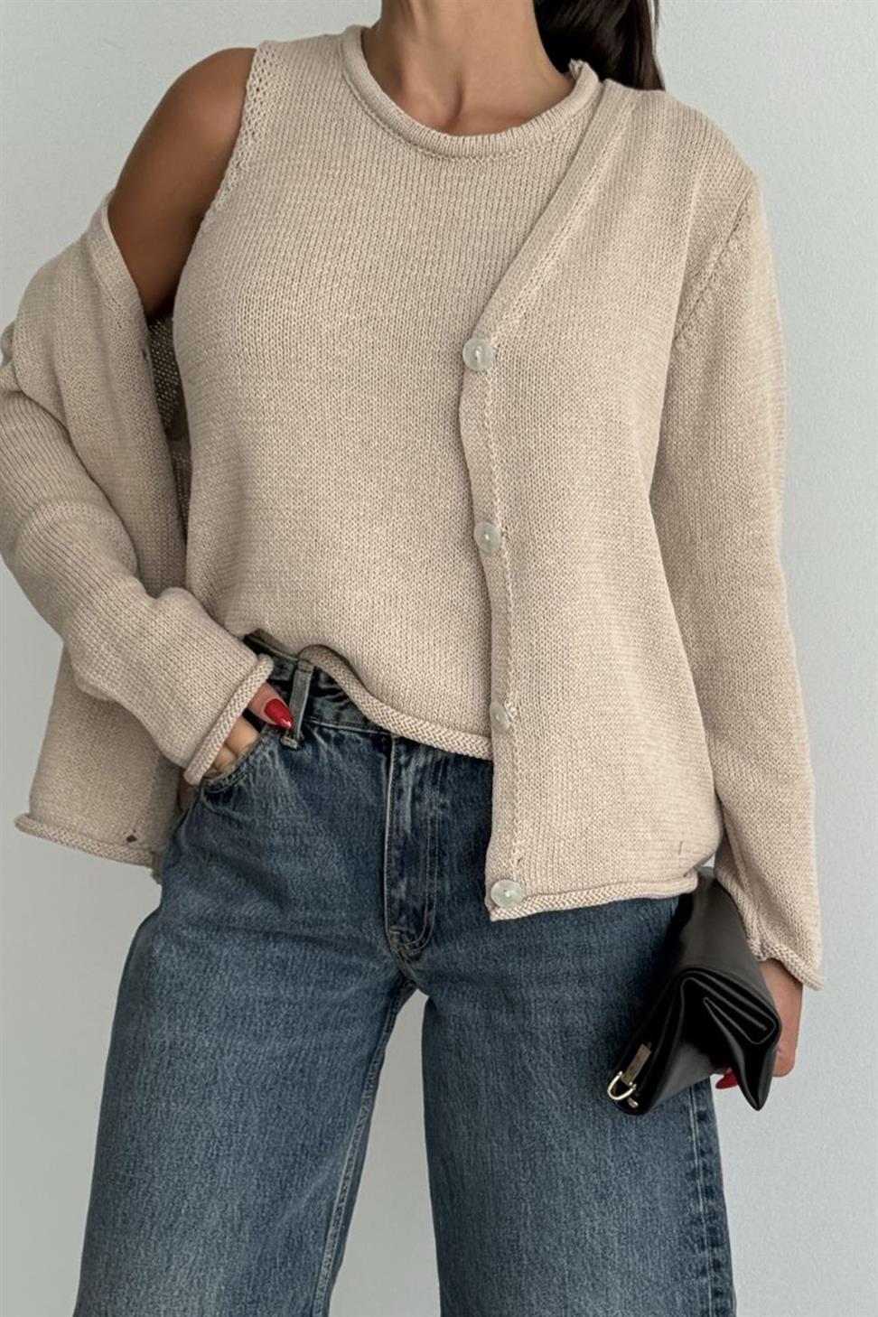 Lüks Kalite Basic Triko İkili Hırka Takım Bej