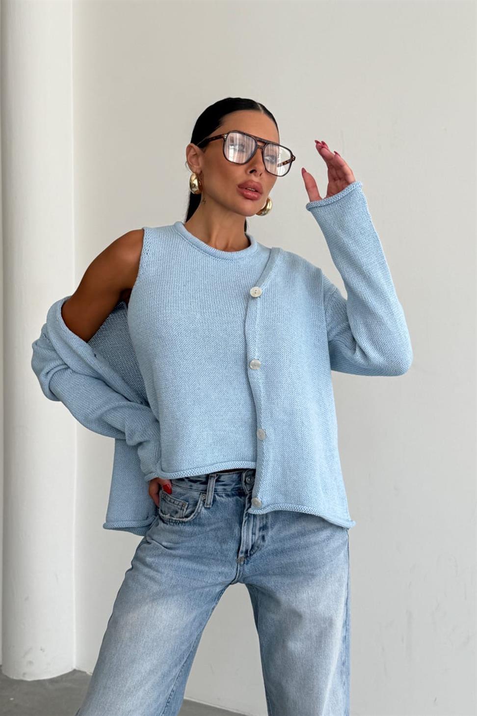 Lüks Kalite Basic Triko İkili Hırka Takım Bebe Mavisi