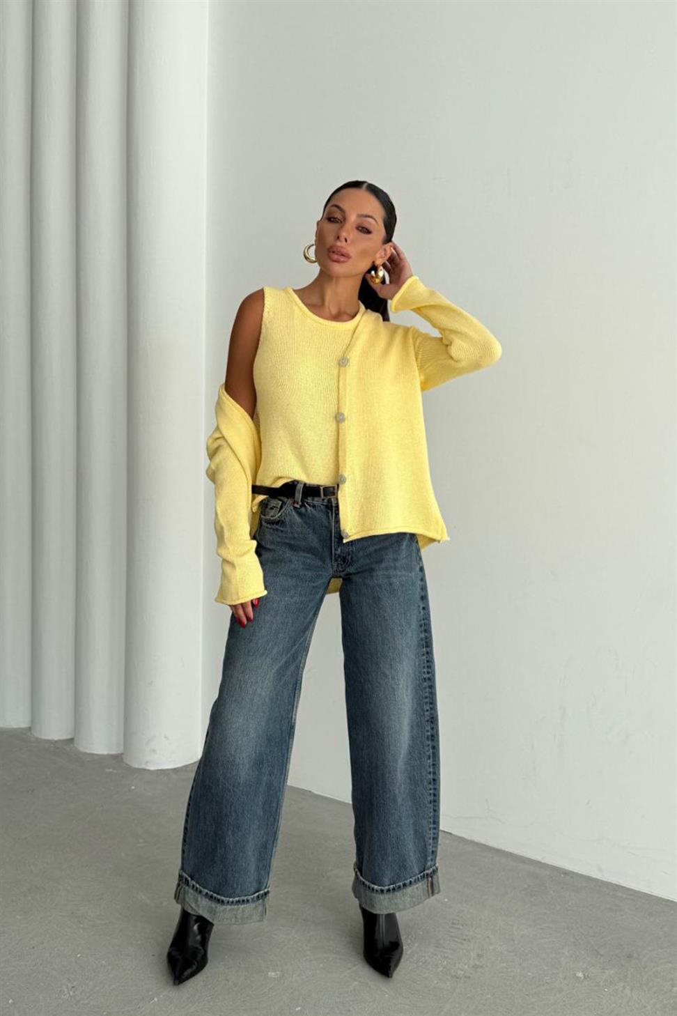 Lüks Kalite Basic Triko İkili Hırka Takım Sarı