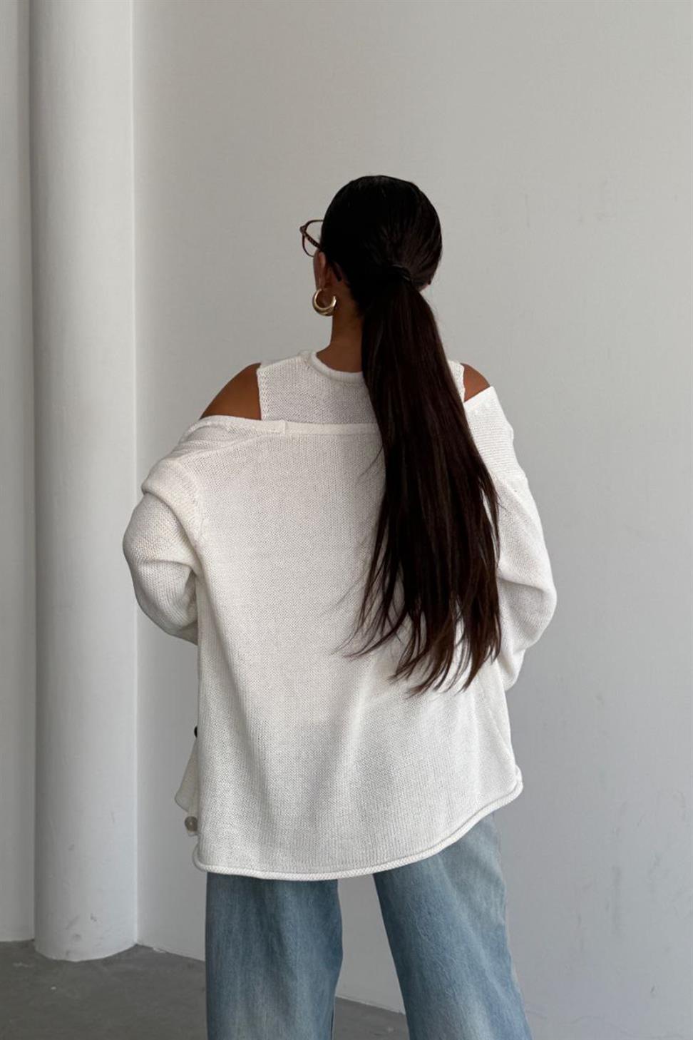 Lüks Kalite Basic Triko İkili Hırka Takım Beyaz