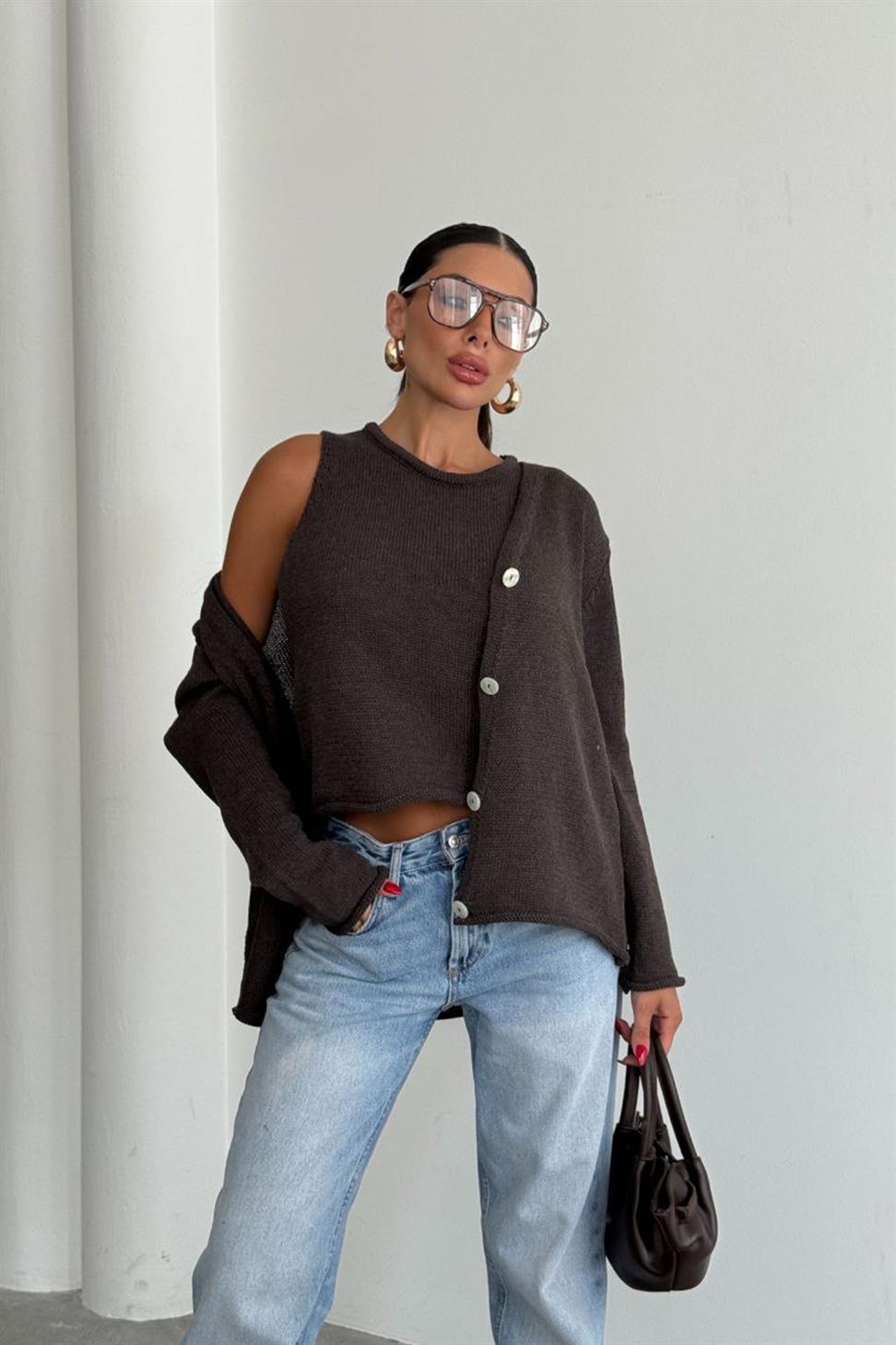 Lüks Kalite Basic Triko İkili Hırka Takım Acı Kahve