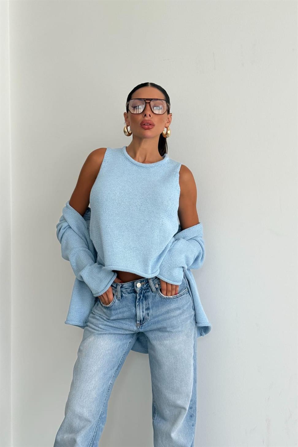 Lüks Kalite Basic Triko İkili Hırka Takım Bebe Mavisi