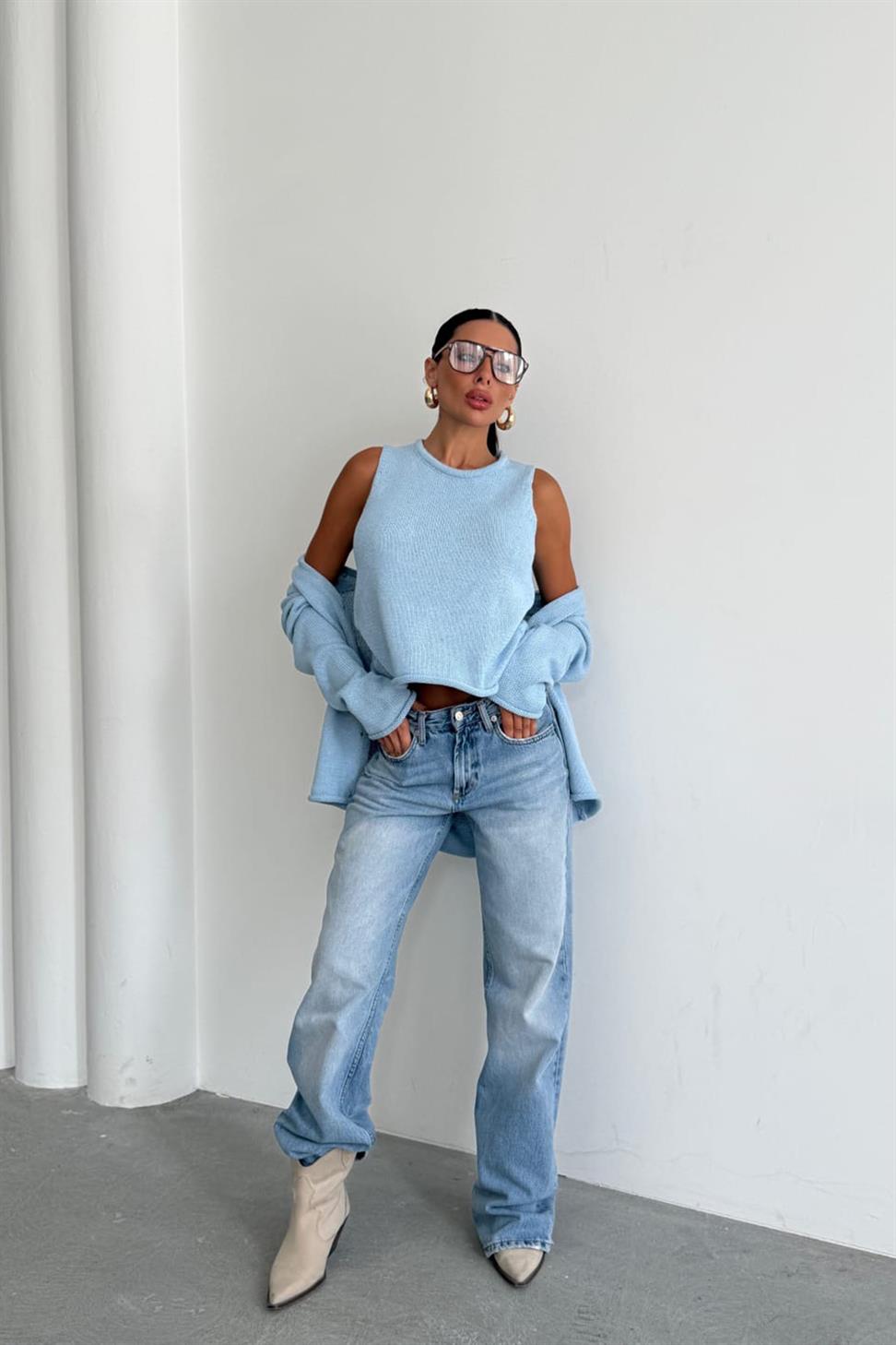 Lüks Kalite Basic Triko İkili Hırka Takım Bebe Mavisi