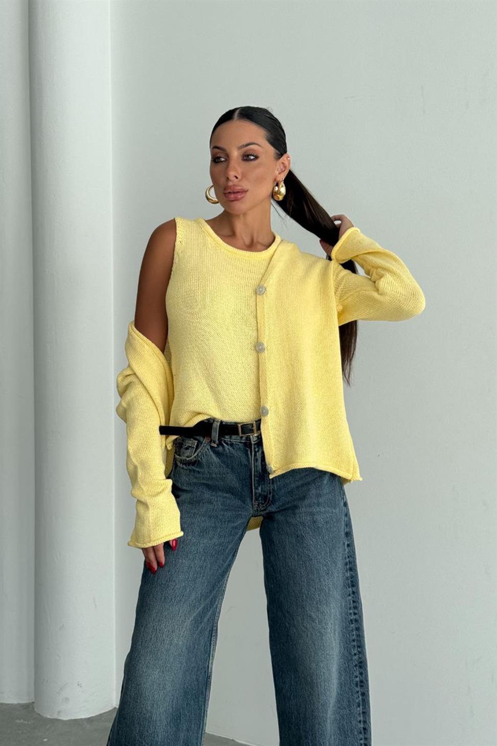 Lüks Kalite Basic Triko İkili Hırka Takım Sarı