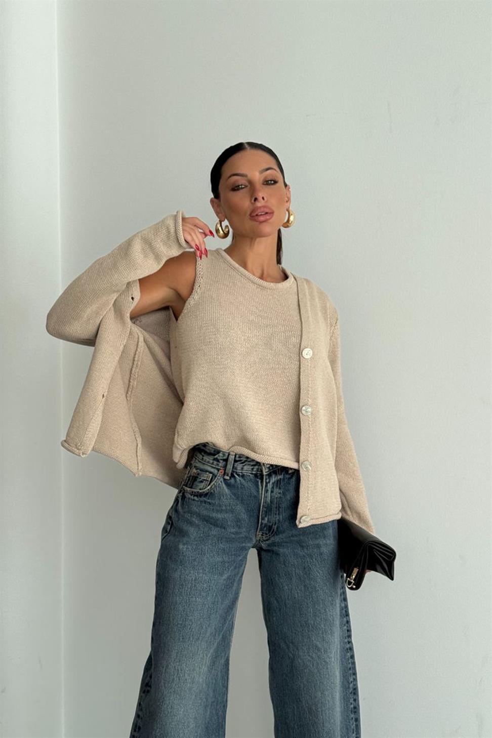 Lüks Kalite Basic Triko İkili Hırka Takım Bej