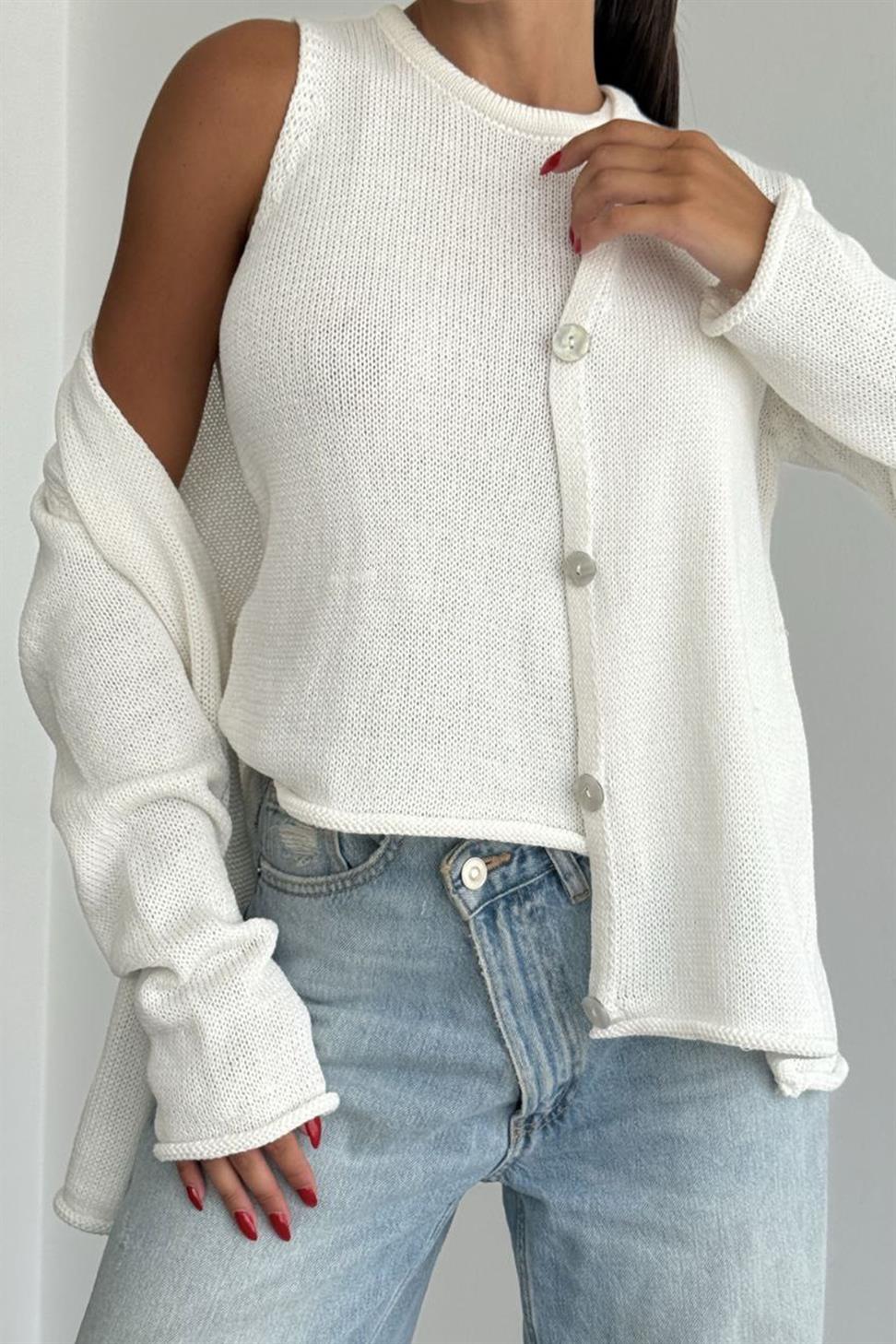 Lüks Kalite Basic Triko İkili Hırka Takım Beyaz