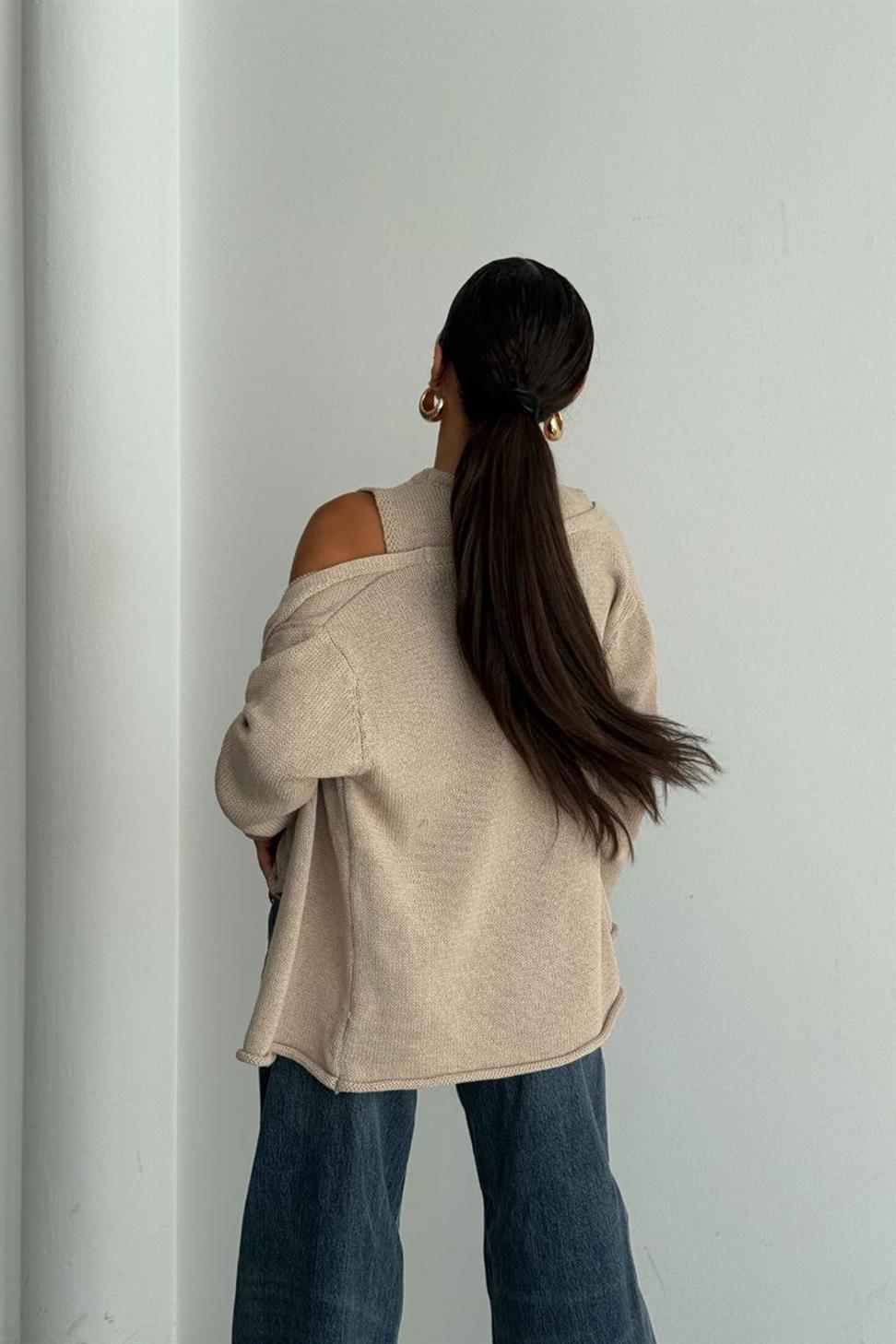 Lüks Kalite Basic Triko İkili Hırka Takım Bej