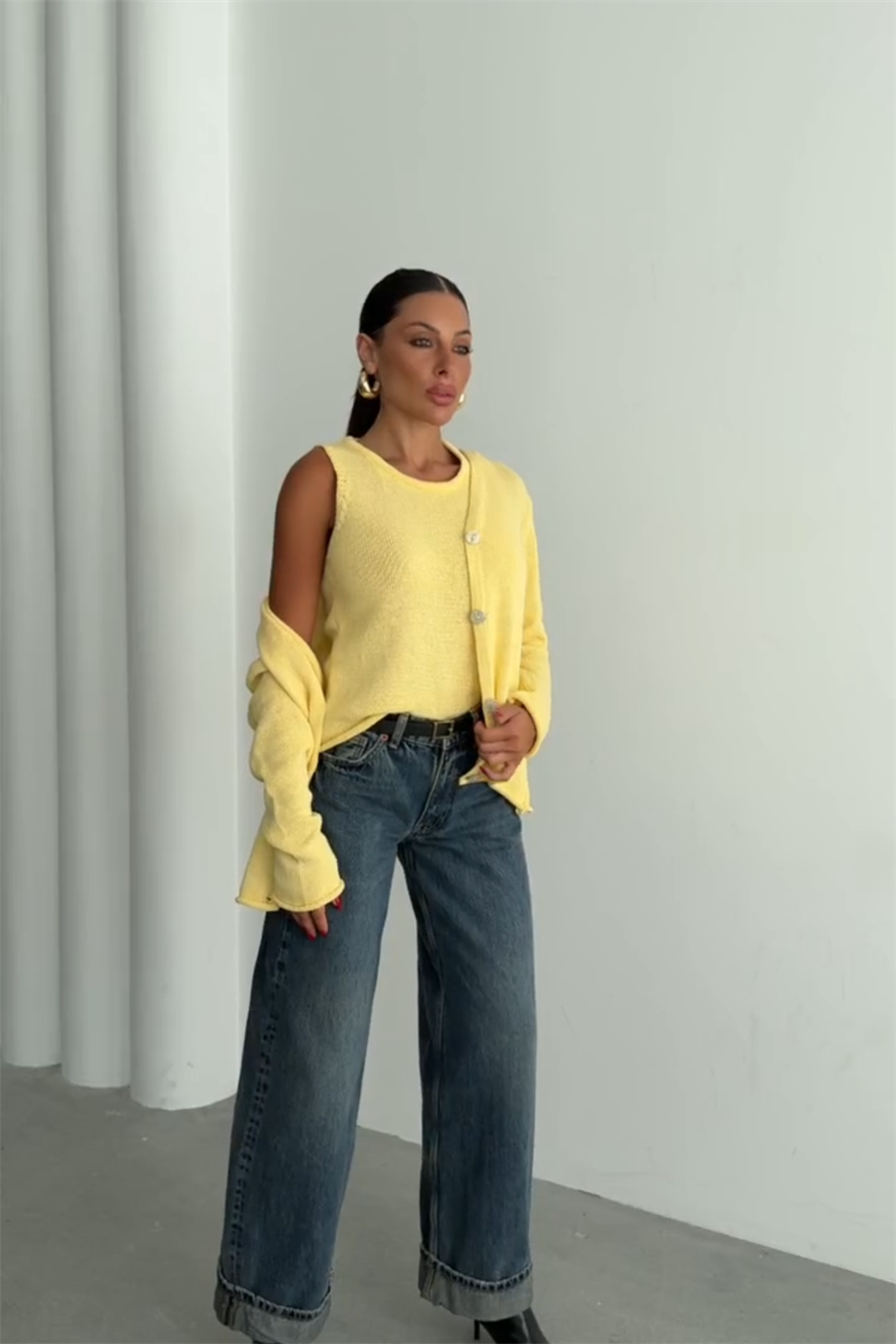 Lüks Kalite Basic Triko İkili Hırka Takım Sarı