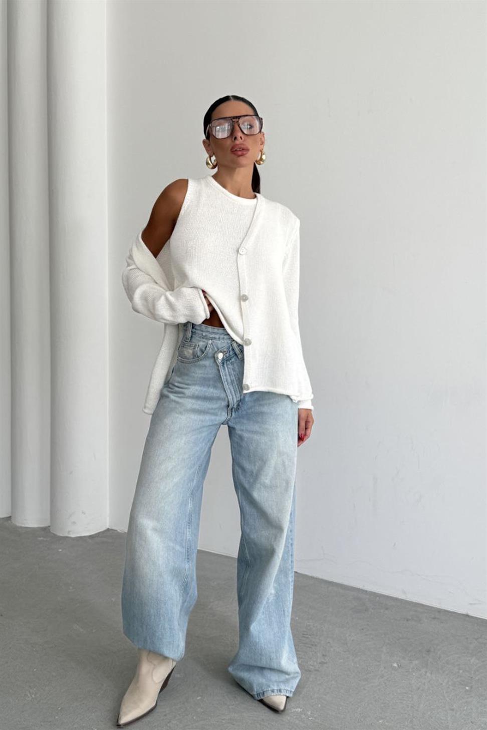 Lüks Kalite Basic Triko İkili Hırka Takım Beyaz