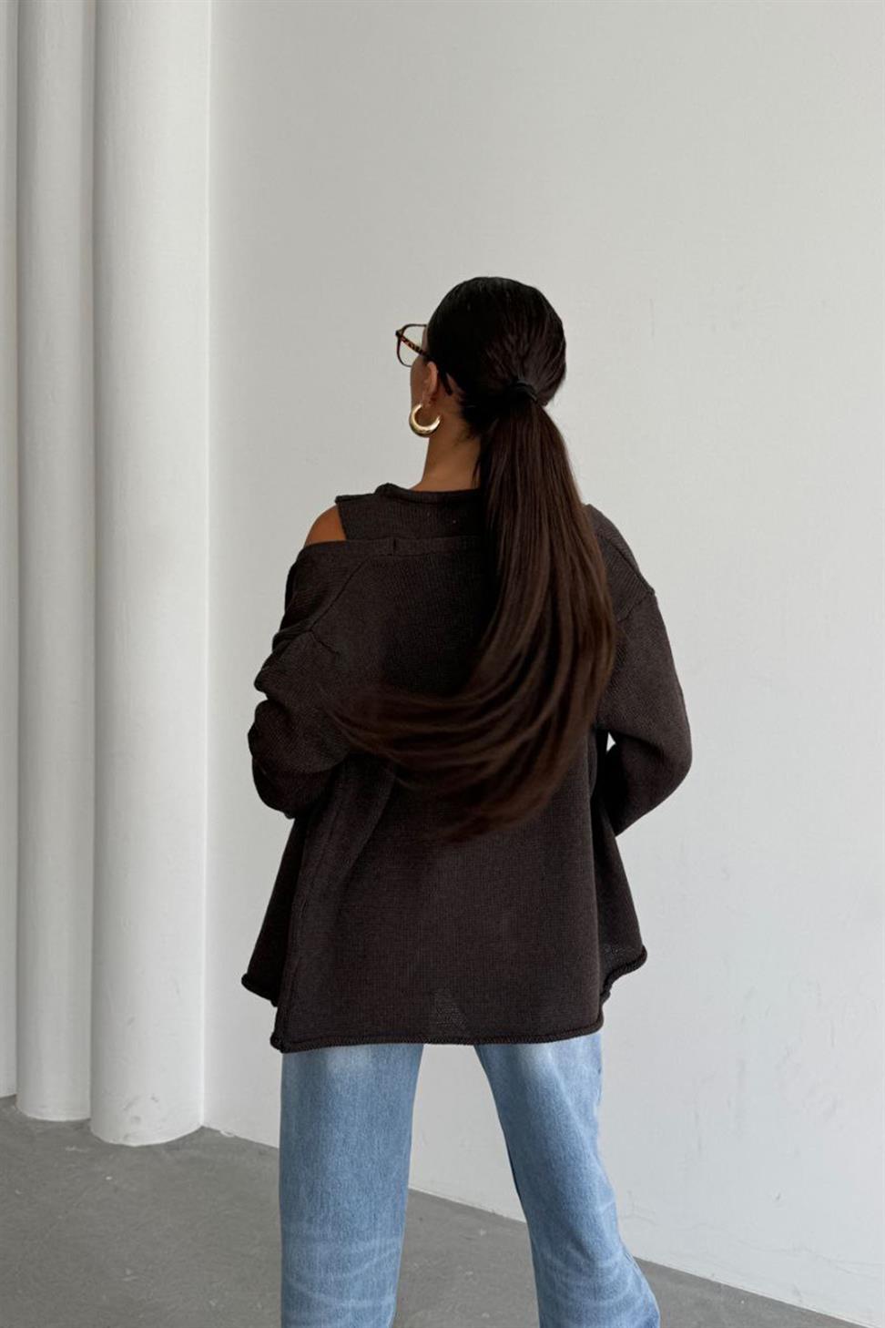 Lüks Kalite Basic Triko İkili Hırka Takım Acı Kahve