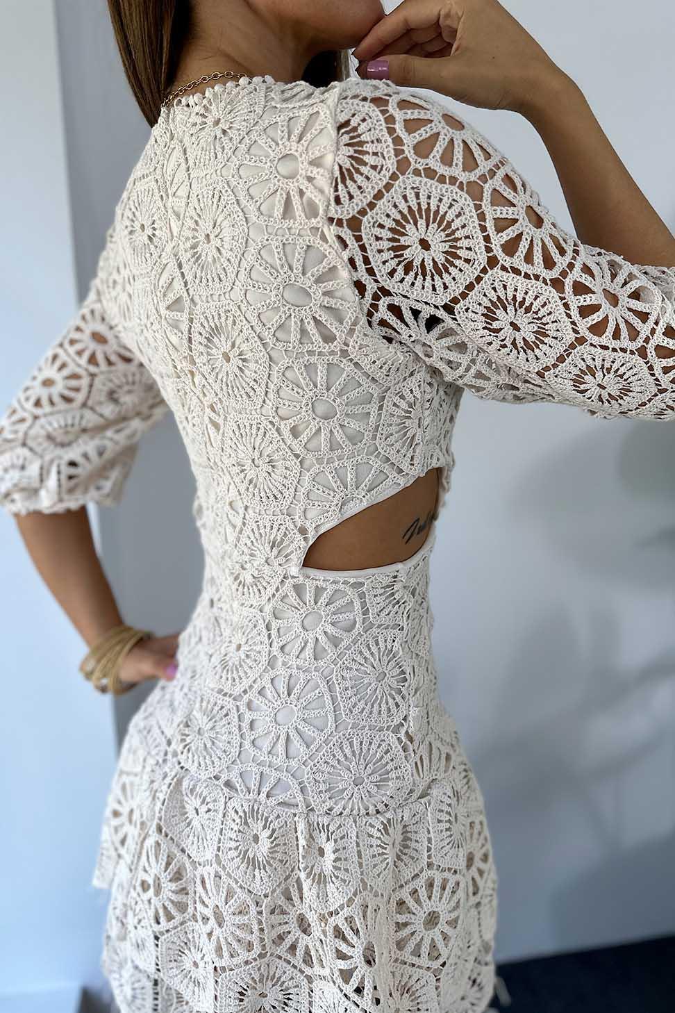 Lüks Kalite Bel Dekolte Detay Astarlı Dantel Elbise Ekru