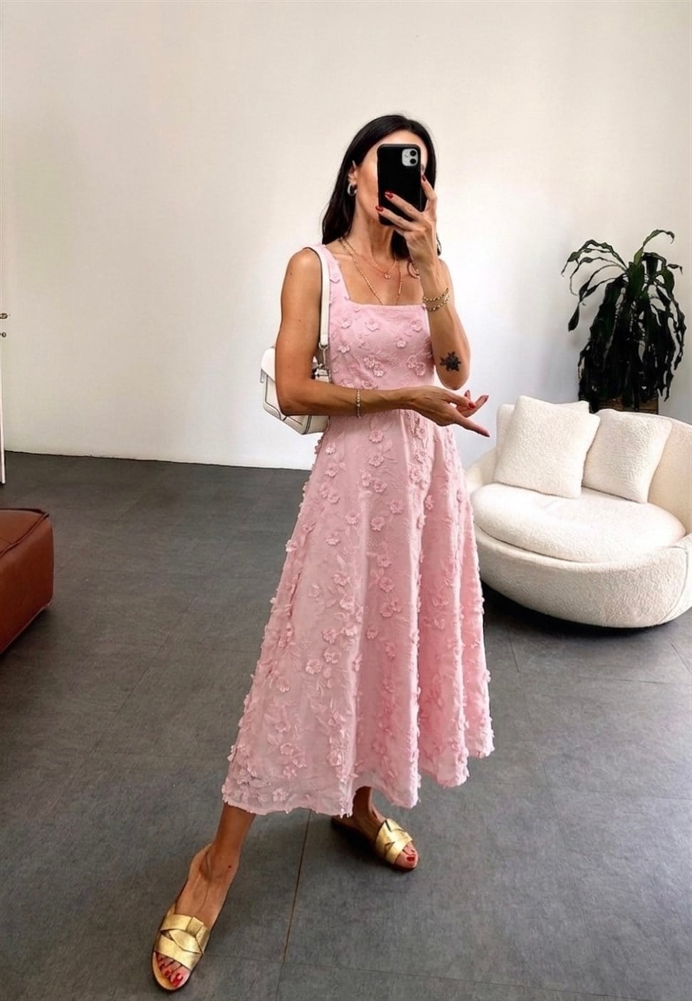 Lüks Kalite Brode Çiçek Desenli Astarlı Elbise Pembe