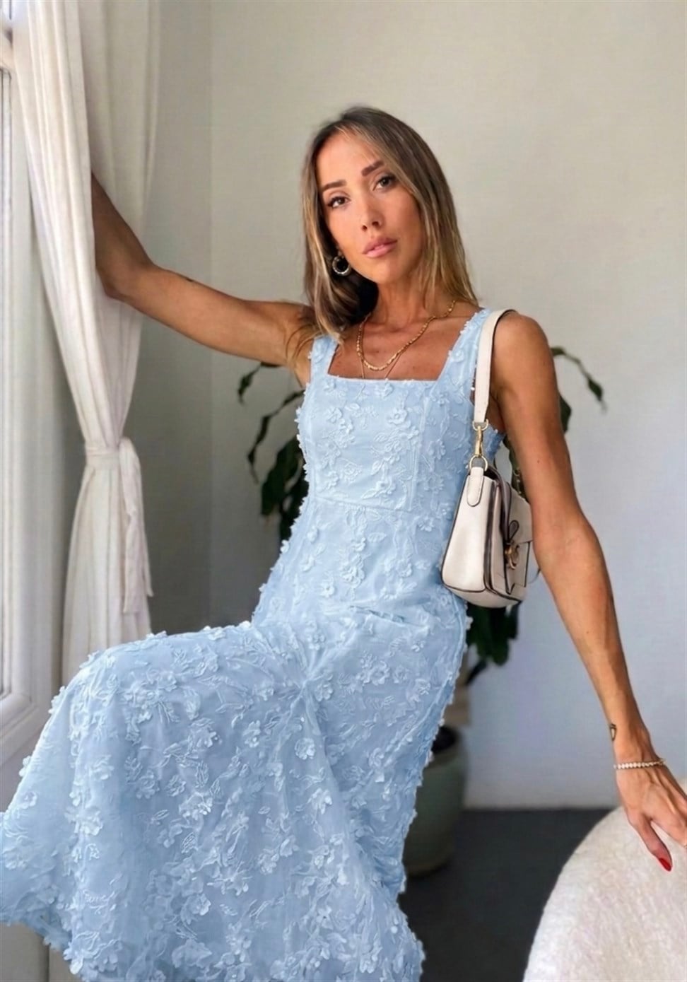 Lüks Kalite Brode Çiçek Desenli Astarlı Elbise Bebe Mavi