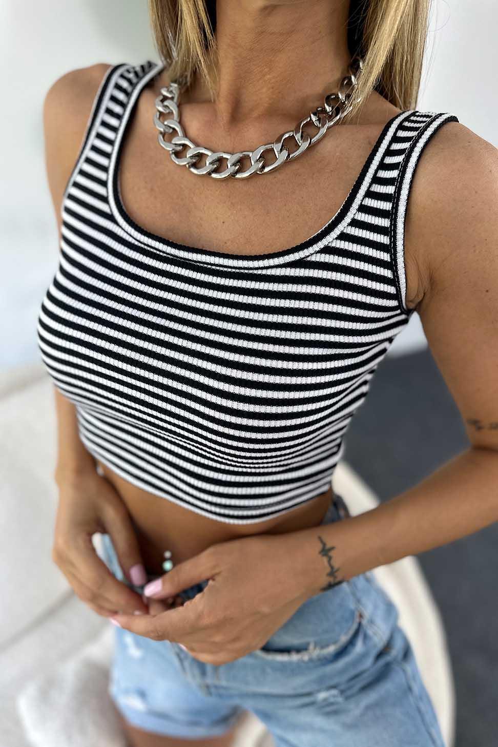 Lüks Kalite Çizgi Detaylı Fitilli Triko Crop Siyah