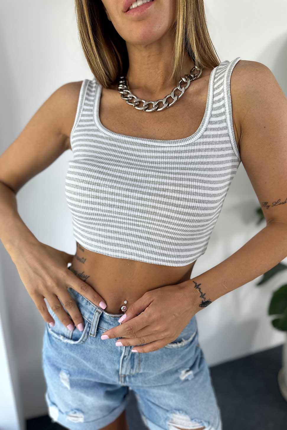 Lüks Kalite Çizgi Detaylı Fitilli Triko Crop Gri