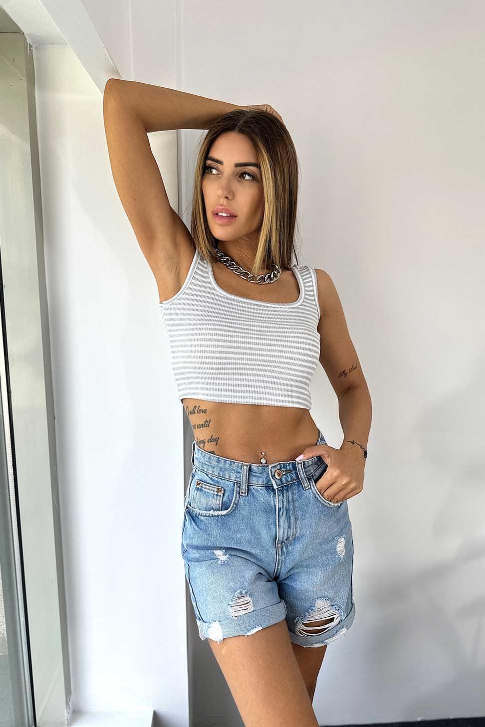Lüks Kalite Çizgi Detaylı Fitilli Triko Crop Gri