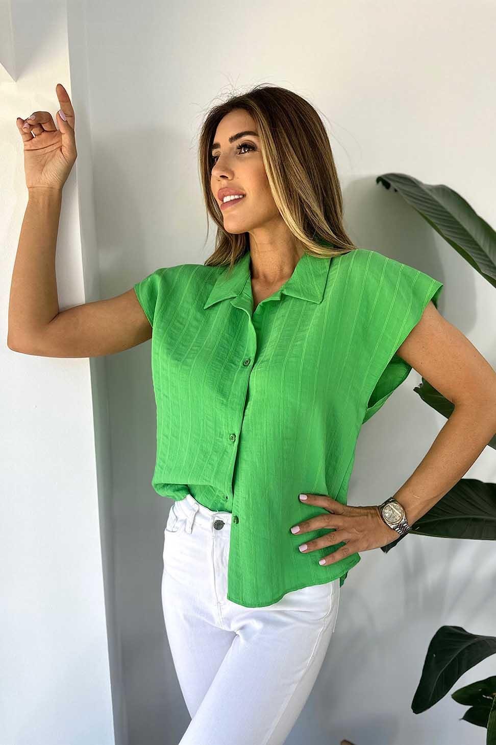Lüks Kalite Dökümlü Viskon Kumaş Kolsuz Kadın Gömlek Yeşil